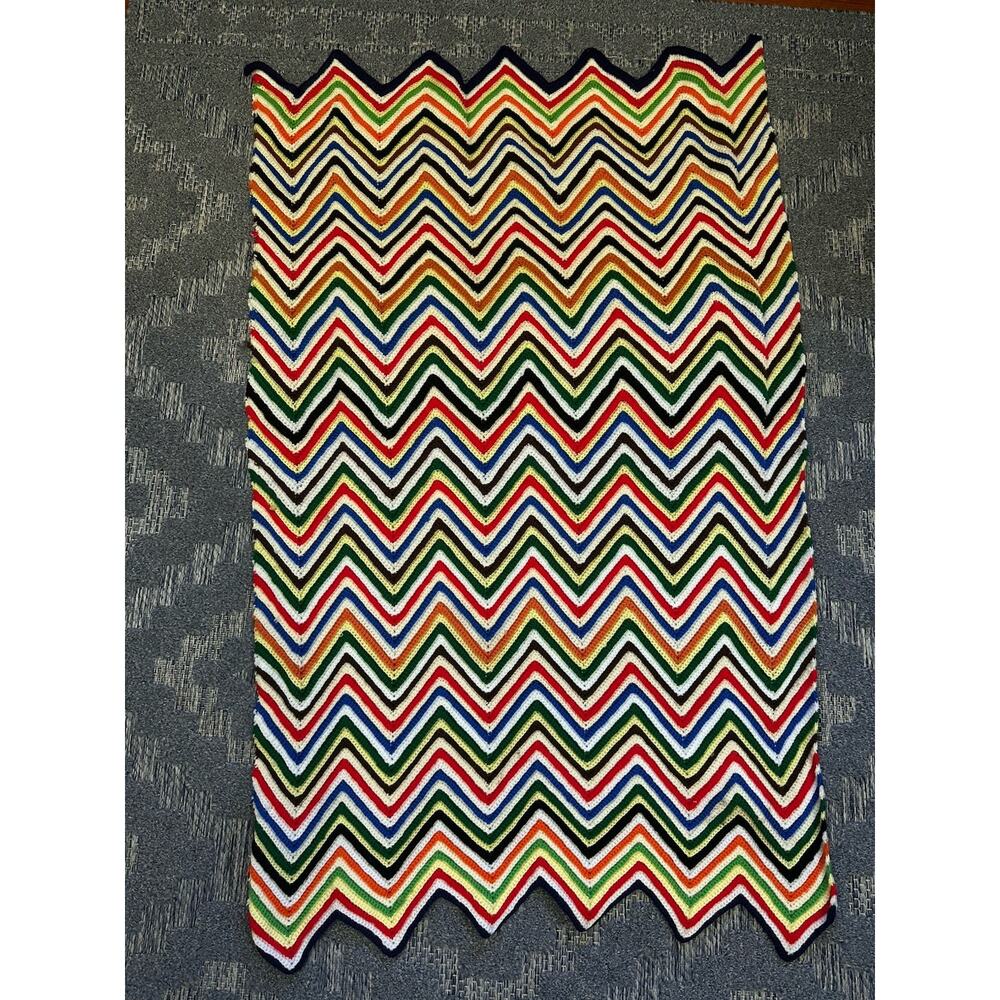 Vintage Crochet Throw Blanket Rainbow Chevron Boho Cottage Handmade Grandma 60”L - Picture 1 of 4